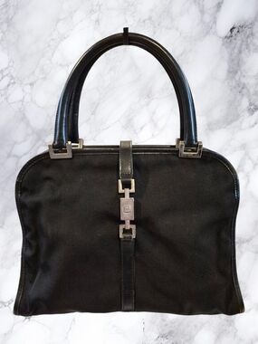 Gucci Jackie Black Canvas And Leather Satchel With Silver Hardware